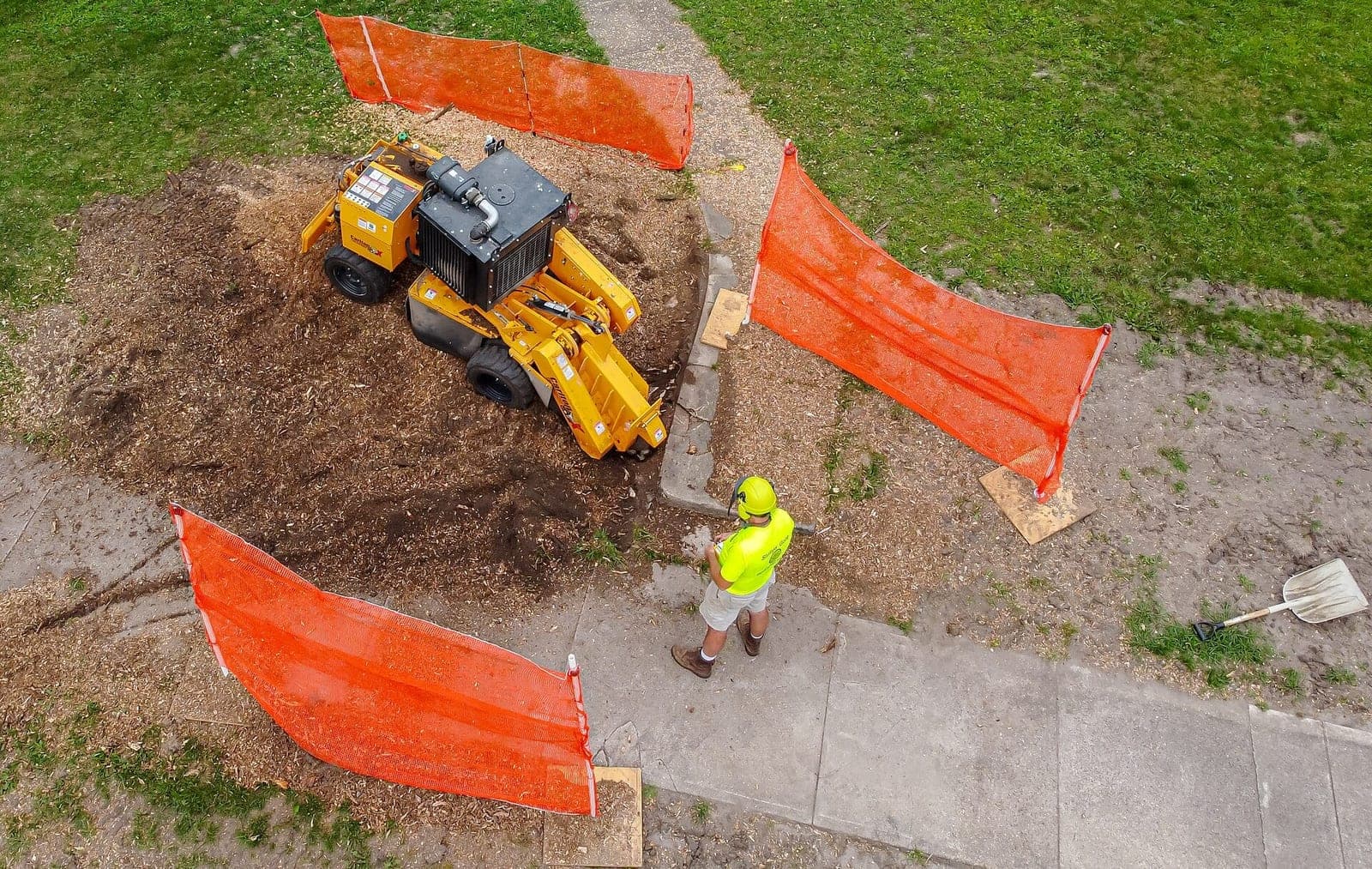Stump grinder at work on a residential lawn behind safety fencing